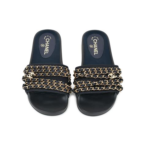 chanel pool slides with chains|CHANEL TROPICONIC ICONIC GOLD LOGO CHAIN POOL SLIDES.